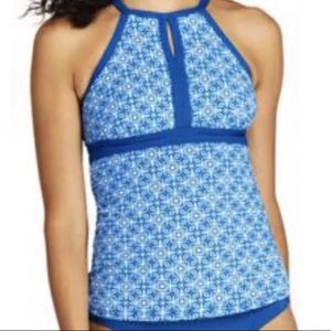 18DDD Keyhole High Neck Tankini Top Swim  Boreal Blue/White Lands End